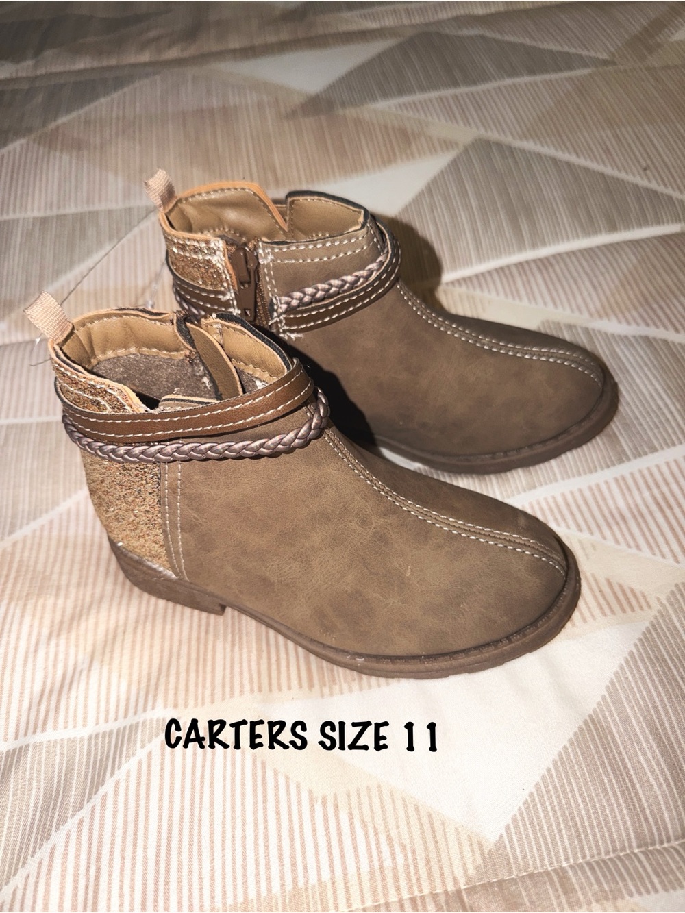 Carter's Tan and Gold Glittery  Braided-Trim Kids Ankle Boots NWOT SZ11